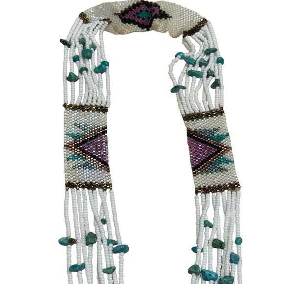 Native American White Turquoise and Purple Beaded Long Dangle Necklace - Picture 3 of 7